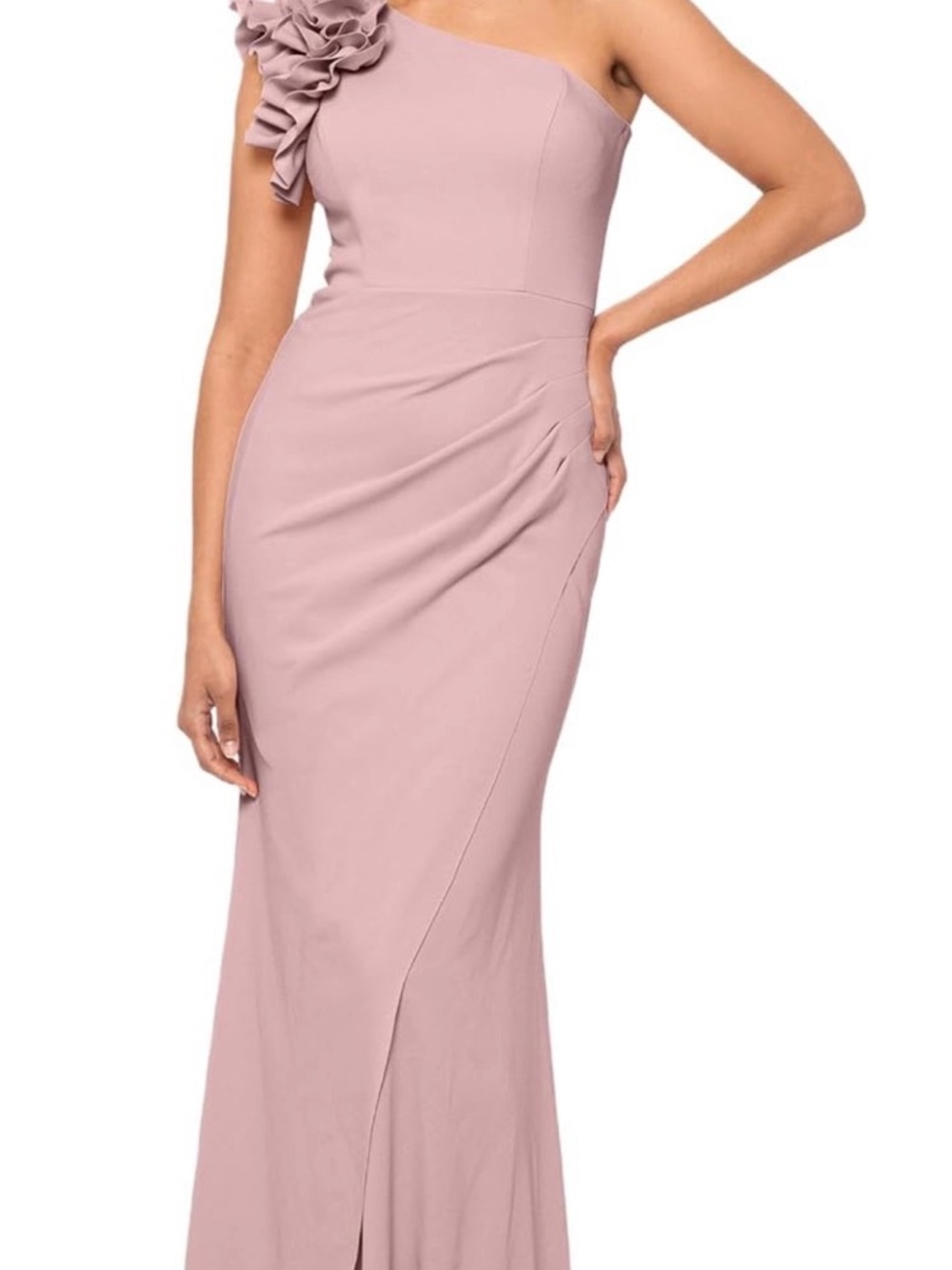Xscape One-Shoulder Ruffle Gown in Dusty Rose